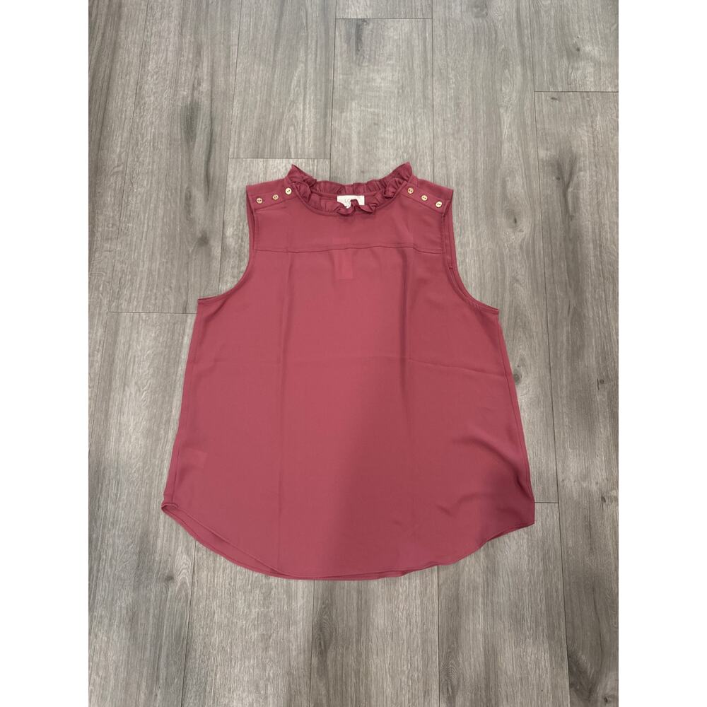 Loft Mauve Tank Blouse w Golde Buttons Ruffled Neck Women's Size L